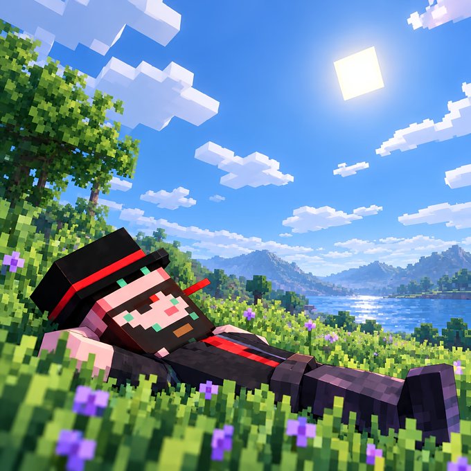 A Minecraft-style render shows a blocky character wearing a black top hat and suit with a red tie, relaxing in a grassy field of purple flowers under a bright blue sky.