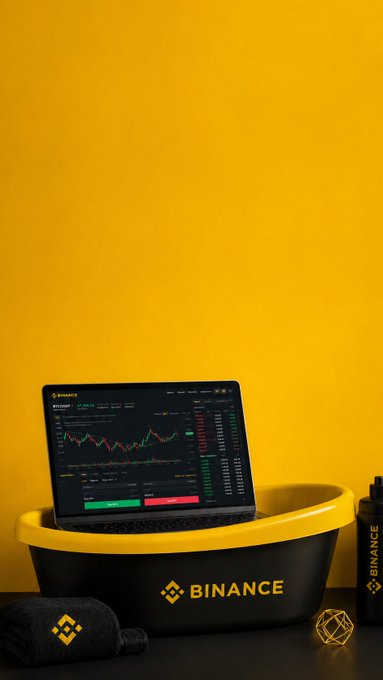 A laptop displaying the Binance trading dashboard sits in a bathtub alongside Binance-branded towels and toiletries, humorously tying crypto trading into a "morning shower routine" — bringing the caption "Some legends start with a shower. Others start with Binance." to life.