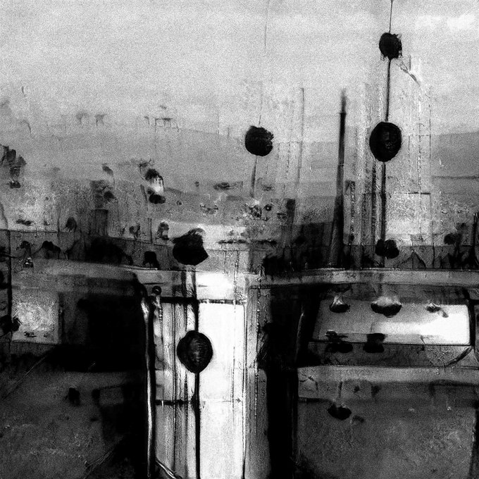 A grainy, high-contrast black and white photograph depicting abstract or damaged imagery with dark spots and faded background structures.