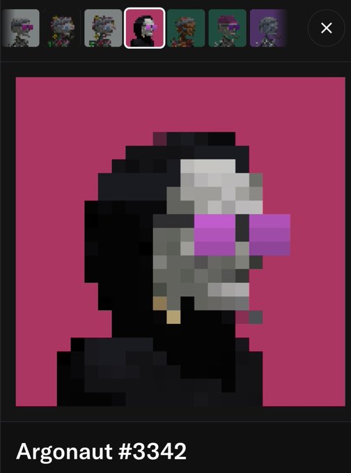 A close-up pixel art portrait of an NFT collection, highlighting a specific item labeled 'Argonaut #3342' featuring a gray and black skull-like figure with pink eyes against a pink background.