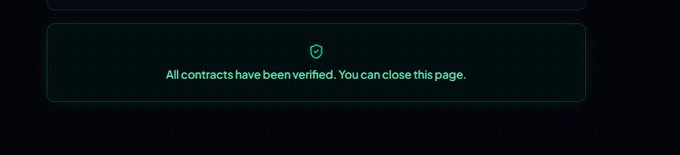 A dark green confirmation screen displays a shield icon with a checkmark and the text: 'All contracts have been verified. You can close this page.'