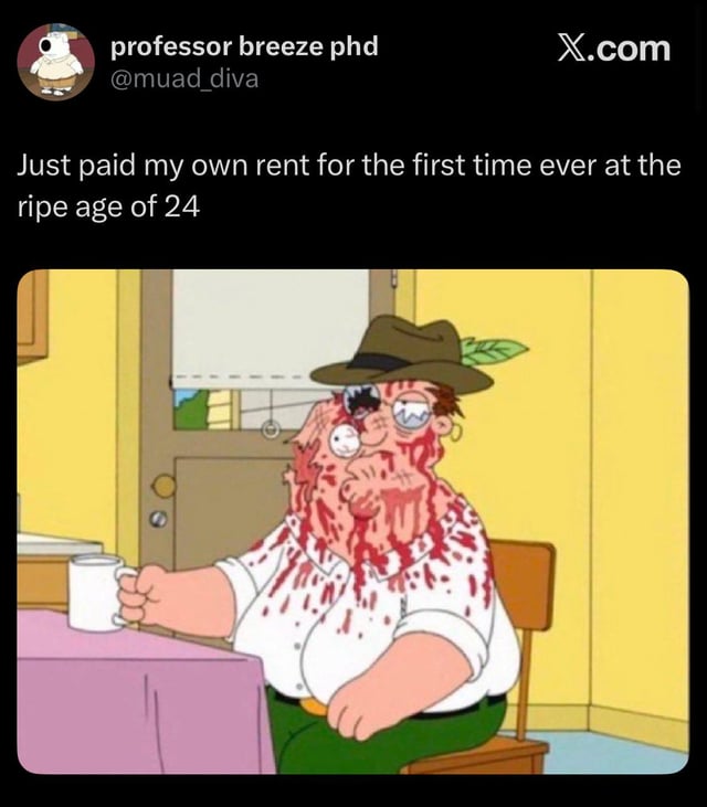 The image features a cartoon character, likely from the TV show "The Simpsons", sitting at a dining table with a cup of coffee next to him. He has blood splattered all over his face and clothes, giving him a dramatic appearance. The caption below the image reads, "Just paid my own rental for the first time ever at the ripe age of 24". This post seems to be making fun of the character's situation or implying that he is responsible for paying rent himself.