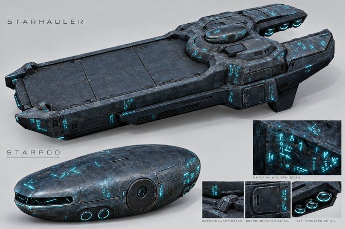 Concept art featuring two dark, weathered sci-fi spacecraft labeled "STARHAULER" and "STARPOD," with glowing blue markings and detailed insets showing material, docking clamps, boarding hatches, and AFT thrusters.