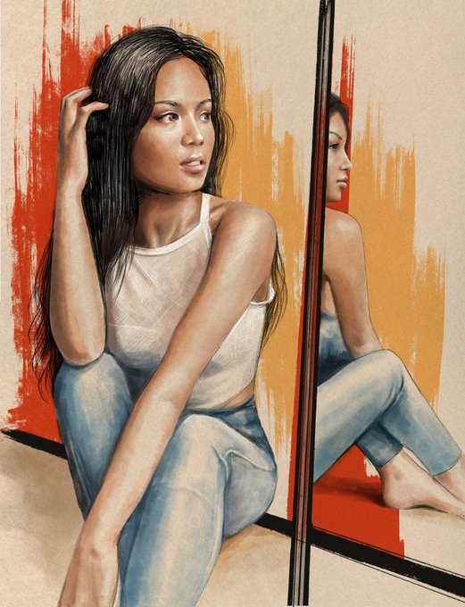 An artistic painting of a young woman with long dark hair sitting on the floor beside a mirror, wearing a white halter top and light blue jeans, with her reflection visible in the mirror.