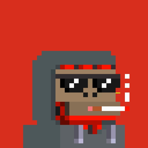 A pixel art character wearing sunglasses, a hood, and a red and black scarf stands against a red background with a cigarette in their mouth.