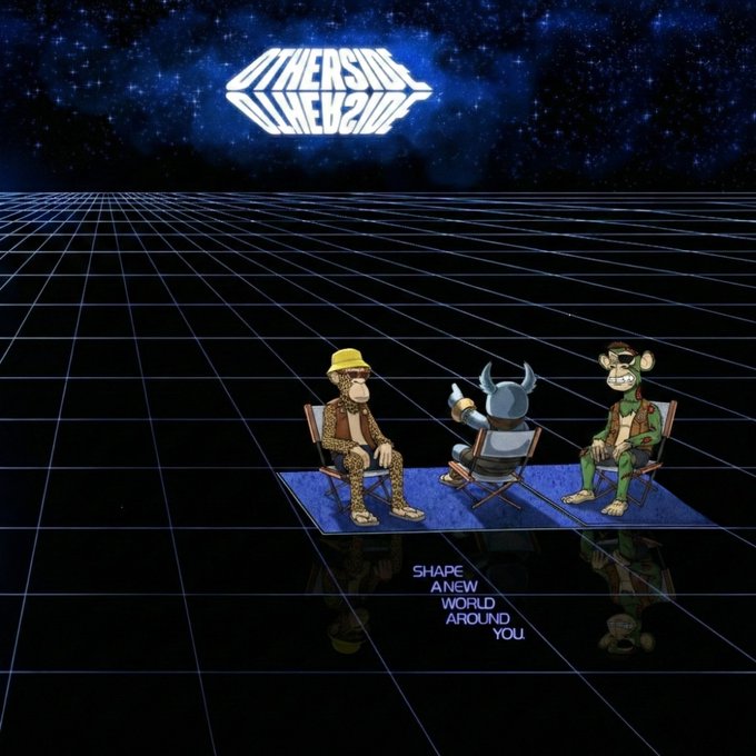 Three cartoon monkeys sit on director's chairs around a rug on a retro grid landscape, with a starry sky above reading 'OTHER SIDE OF THE 2D COIN' and text below saying 'SHAPE A NEW WORLD AROUND YOU'.