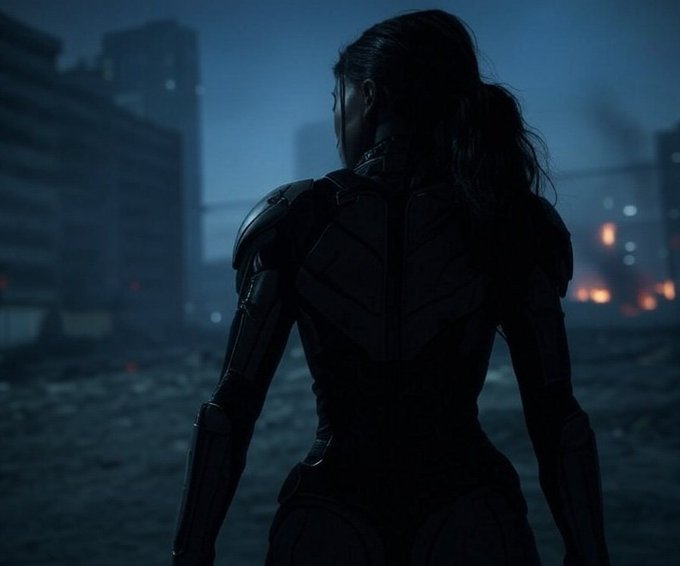 A cinematic shot of a woman in black tactical armor viewed from behind, standing in a dark, ruined cityscape with fires burning in the distance.