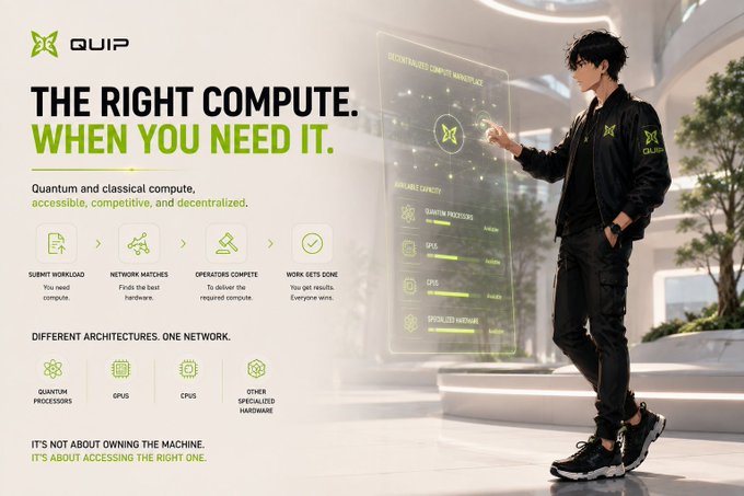 A promotional web banner for 'QUIP' promotes decentralized quantum and classical compute, featuring an anime-style character in a black QUIP jacket interacting with a holographic marketplace interface listing GPUs and CPUs.