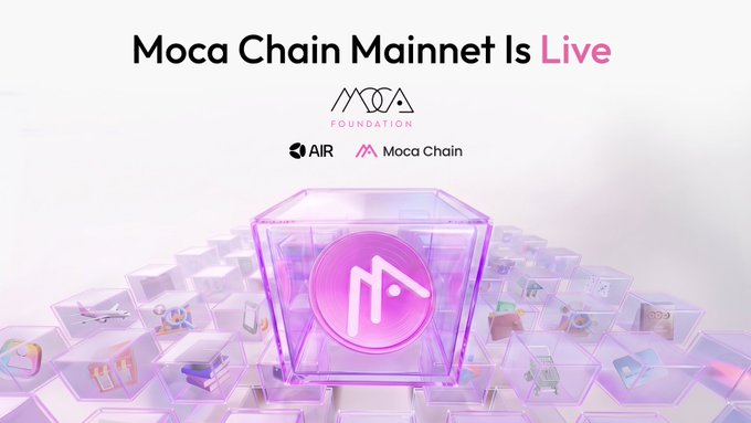 A promotional graphic announces 'Moca Chain Mainnet Is Live' featuring the Moca Chain logo on a pink hexagonal badge, alongside 'AIR' branding by Moca Foundation.