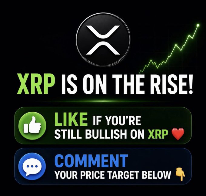 A promotional graphic for XRP cryptocurrency with the text 'XRP IS ON THE RISE!', 'LIKE IF YOU'RE STILL BULLISH ON XRP', and 'COMMENT YOUR PRICE TARGET BELOW', featuring a green rising line chart.