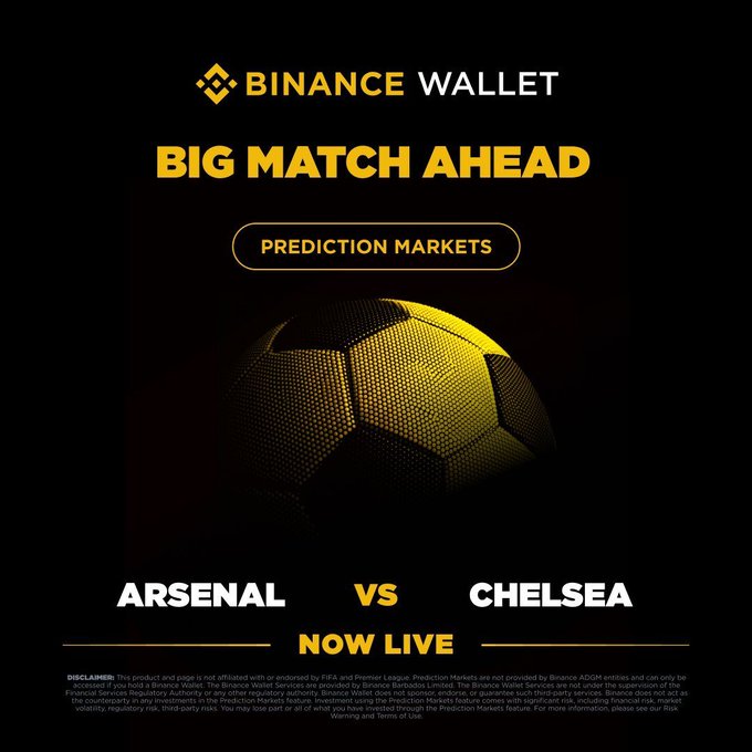 Binance Wallet ad featuring a stylized yellow soccer ball promoting their Prediction Markets for the Arsenal vs. Chelsea match, now live, with the accompanying post inviting users to join a PnL Trading Competition for a share of a 100,000 USDT prize pool.