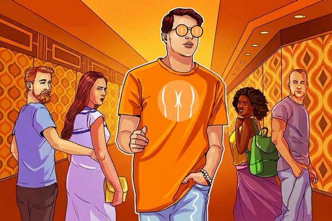 A colorful digital illustration depicts a man in an orange t-shirt with a white symbol walking confidently down a hallway with retro orange patterned wallpaper, flanked by other characters including a bearded man, a woman in a white dress, a woman with a green bag, and a bald man.
