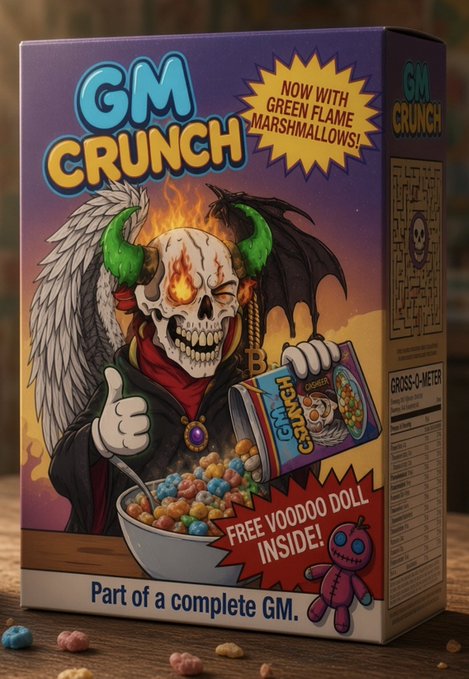A fictional cereal box labeled 'GM CRUNCH' featuring a horned skull character with angel wings, advertising 'GREEN FLAME MARSHMALLOWS' and a 'FREE VOODOO DOLL INSIDE!' promotion.