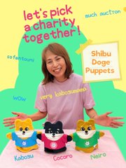 A promotional graphic advertises 'Shibu Doge Puppets' as a charity NFT auction, featuring a smiling woman, the phrase 'Let's pick a charity together!', and illustrations of three dog characters named Kabosu, Losa, and Nero.
