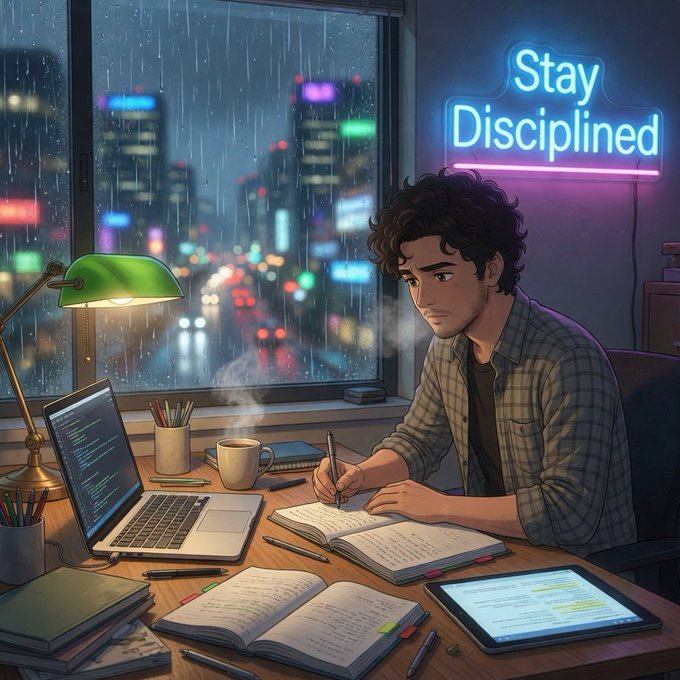 An anime-style illustration of a young man with curly hair studying at a desk with a laptop, notebooks, and a warm drink, under a neon 'Stay Disciplined' sign, with a rainy cityscape visible through the window.