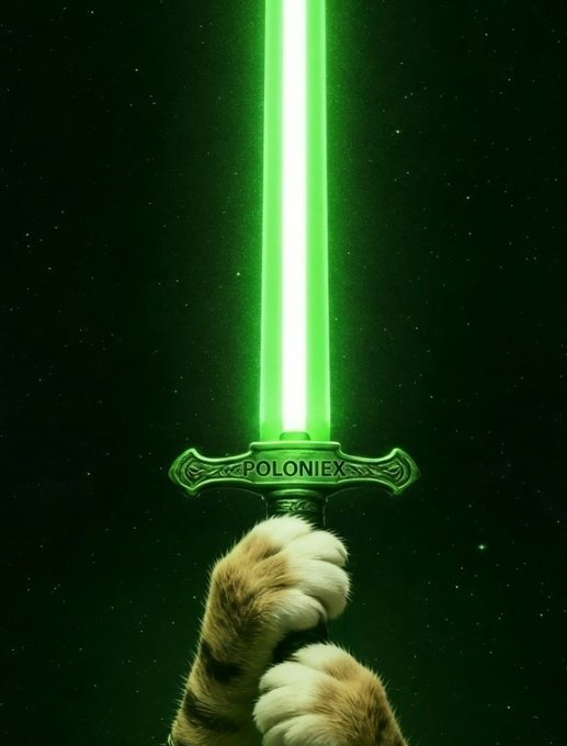 A cat's paw grips a glowing green lightsaber inscribed with "POLONIEX" against a starry backdrop, embodying the post's message to embrace opportunity in the crypto markets alongside the Poloniex exchange rather than succumb to fear.