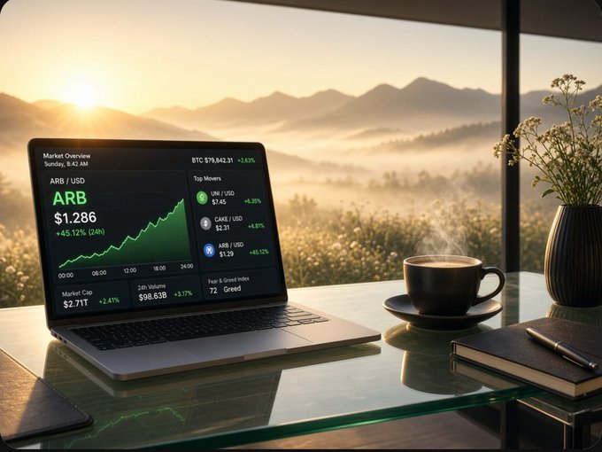 A laptop on a glass desk displays a market overview with ARB/USD showing $1.286 (+5.12%, 24h) and an upward chart, alongside a steaming coffee cup and notebook, with a mountain sunrise in the background.