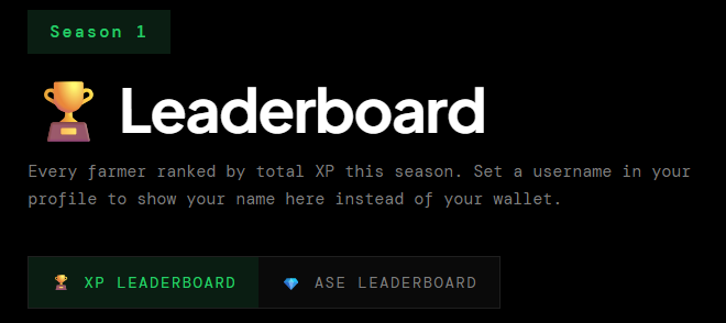 A dark webpage header showing a "Season 1" badge, a "Leaderboard" title with a trophy emoji, and text explaining farmers are ranked by total XP, with options for "XP LEADERBOARD" and "ASE LEADERBOARD" tabs.