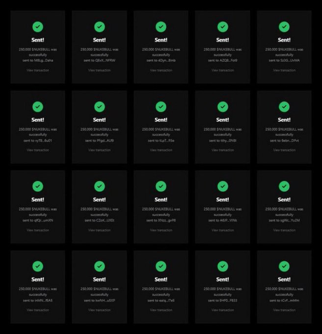 A grid of transaction confirmation screens showing 'Sent!' notifications, each confirming that 250,000 $NAKERBULL was successfully sent to different wallet addresses.