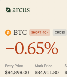 A user from a Perp DEX posts about trying a new project called Arcus (arcus_xyz), and the image shows a BTC short trade on the Arcus platform with a 40x leverage, currently down 0.65% at an entry price of $84,898.00 and mark price of $84,911.80.