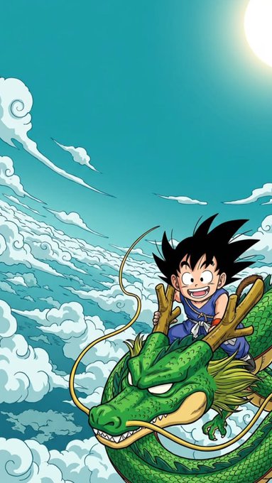Anime-style artwork of a young Goku flying through cloudy skies on the green dragon Shenron, with a bright sun in the upper right corner.