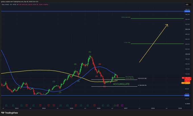 A TradingView weekly chart of Sea Limited (SE) stock showing an Elliott Wave analysis with labels (1) through (5) and ABC corrections, indicating an "ACCUMULATE" zone around $67-97, with bullish Fibonacci extensions targeting $263.50 (1.0 ext) and $343.50 (1.618 ext) and a large yellow arrow pointing to potential upward price targets in 2027-2029.