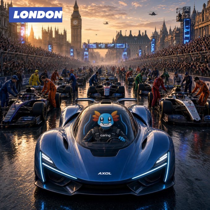 A racing scene in London featuring a futuristic blue car labeled 'AXOL' with a cartoon axolotl driver wearing a helmet, set against the backdrop of Big Ben and Parliament with other F1-style race cars.