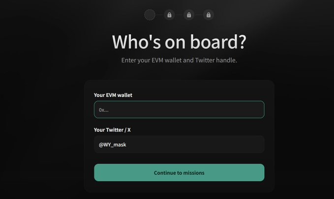 The image shows a "Who's on board?" signup form for Catapult Trade's Snurps NFT mint, requiring users to enter their EVM wallet (starting with 0x...) and Twitter/X handle (@WY_mask) before continuing to missions—corresponding to the post's call to complete tasks for a WL spot in the 4,444-piece collection.