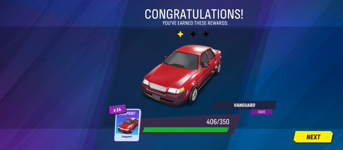 A "CONGRATULATIONS! YOU'VE EARNED THESE REWARDS:" screen from a racing game showing a red "VANGUARD" sedan with three stars earned, a 406/350 progress bar, and a yellow "NEXT" button.