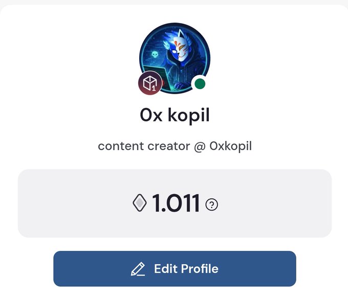 The image shows a social media profile page with a blue background and white text. The title of the post reads "Ox Kopil", which is a name for an online gaming character, and the number of points earned by the character is 1,001. The post also mentions that the player has edited their profile to include a link to the game's website.