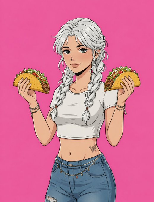 A cartoon-style illustration of a silver-haired woman holding two tacos against a bright pink backdrop.