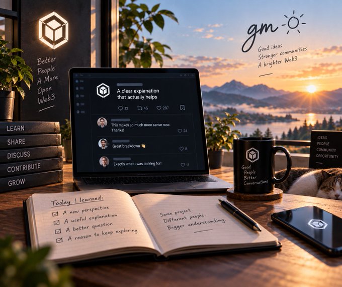 A promotional image for a 'Web3' community featuring a laptop displaying a forum, a notebook with 'Today I learned:', a mug, and text like 'Better People A More Open Web3' and 'gm'.