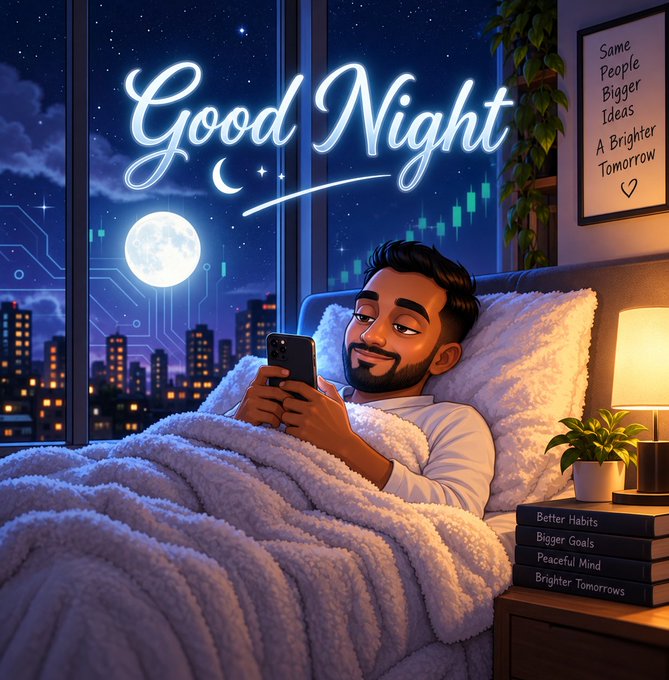 Illustrated 'Good Night' image of a bearded man in bed looking at his phone, with a neon sign overhead, a moonlit city skyline, and books titled 'Better Habits', 'Bigger Goals', 'Peaceful Mind', and 'Brighter Tomorrows'.