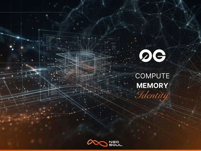 A futuristic digital graphic displays the 0G Labs logo alongside the words "COMPUTE MEMORY Identity," with the NeoSoulAI infinity logo at the bottom, set against a glowing backdrop of interconnected nodes and a holographic CPU chip. The image visually reinforces the post's message about NeoSoulAI's integration with 0G Labs, highlighting the compute and memory infrastructure needed to power true onchain-native AI agents rather than simple scripts with chatbot wrappers.