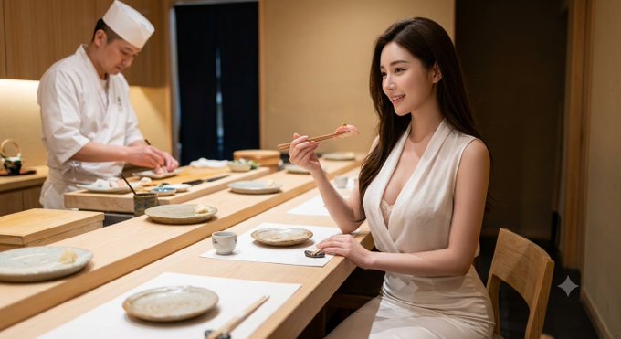 A woman in a cream-colored halter dress sits at a sushi counter holding chopsticks, while a sushi chef in a white uniform and hat prepares food behind the counter.