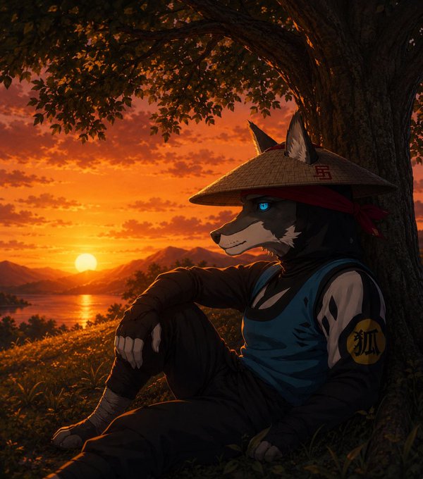 An anthropomorphic wolf character wearing a straw hat and blue tank top sits peacefully under a tree, watching the sunset over a serene landscape of mountains and water.