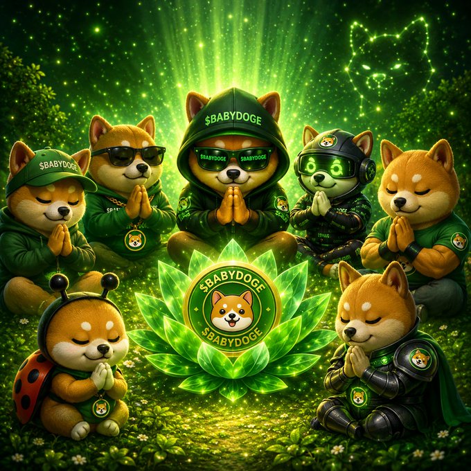 An illustration depicts several Shiba Inu characters wearing green "$BABYDOGE" branded hoodies, sunglasses, and gear, sitting in prayer/meditation poses around a glowing green lotus featuring the $BABYDOGE logo, set against a mystical starry green backdrop. The image visually embodies the post's message by presenting $BABYDOGE as a revered, almost spiritual centerpiece—portraying the token as worthy of devotion and suggesting the "rotation" toward it as an inevitable, transcendent shift in the crypto landscape.