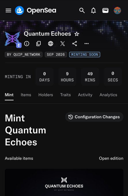 Screenshot of an OpenSea minting page for an NFT collection titled 'Quantum Echoes' by QUIP_NETWORK, scheduled for September 2026 with a countdown timer.