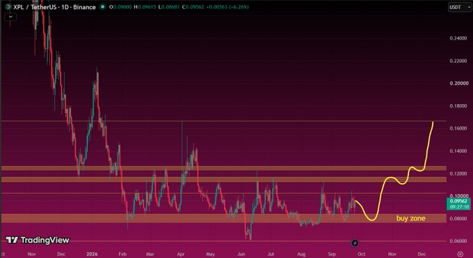 A TradingView chart titled 'XPL / TetherUS · 1D · Binance' shows price action with a yellow line trending upward from a labeled 'buy zone'.