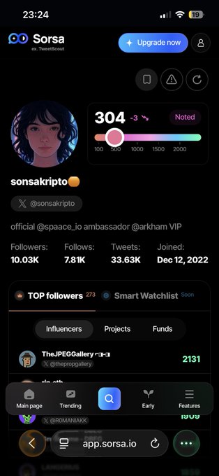 A Sorsa (formerly TweetScout) app screenshot showing Twitter analytics for user 'sonsakripto' (@sonsakripto) with 10.03K followers, a score of 304, and listed as an official @space_io ambassador and @arkham VIP.