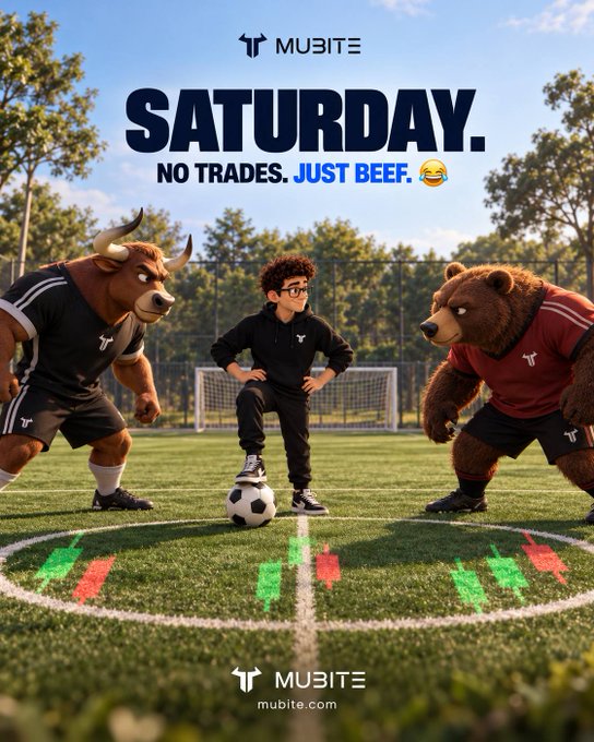 A promotional advertisement for MUBITE featuring the text "SATURDAY. NO TRADES. JUST BEEF. 😎" showing a cartoon-style boy standing with a soccer ball between an anthropomorphic bull and bear on a sports field, with "mubite.com" at the bottom.