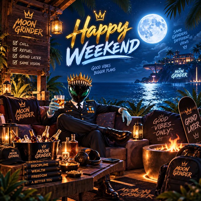 A promotional graphic titled 'Happy Weekend' features an alien in a crown and suit sitting on a couch with various 'Moon Grinder' branded items, including a checklist for Chill, Refuel, Grind Later, and Same Vision.