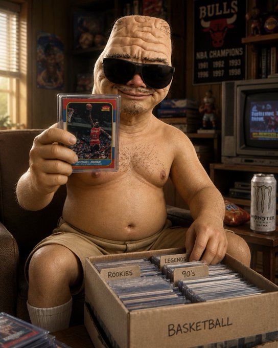 A shirtless man wearing sunglasses sits in a wood-paneled room, proudly displaying a Michael Jordan basketball card while a box labeled "BASKETBALL" with dividers reading "ROOKIES," "LEGENDS," and "90's" rests in front of him, alongside a Chicago Bulls "NBA CHAMPIONS" banner referencing their 1991-1998 titles and a Monster Energy can. The image perfectly captures the post's message about patience and holding onto grail cards like the iconic Jordan rookie.