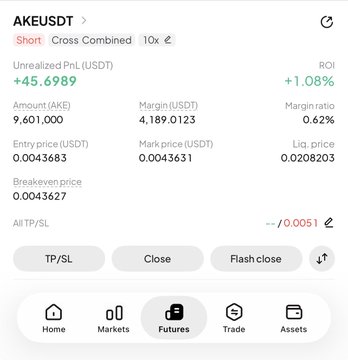 The image shows a short futures position on AKEUSDT with an unrealized PnL of +$45.6988, an entry of 0.0043683, and a current mark price of 0.0043631. The position details (entry price, margin, and current price) align with the trader's newly opened ~$40K short on $AKE around the $0.00436 level.
