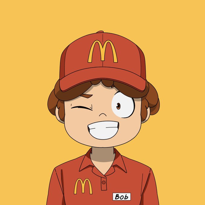 The image features a cartoon boy wearing an orange shirt with a McDonald's logo, a red hat, and a name tag that says "Bob". The boy has one eye closed and the other open, giving him a quirky appearance. The image is related to the post because it includes a reference to @RuyuiStudios' favorite abstract meme or coin, which is an illustration of a person wearing a McDonald's shirt with their eyes closed and one eye open.