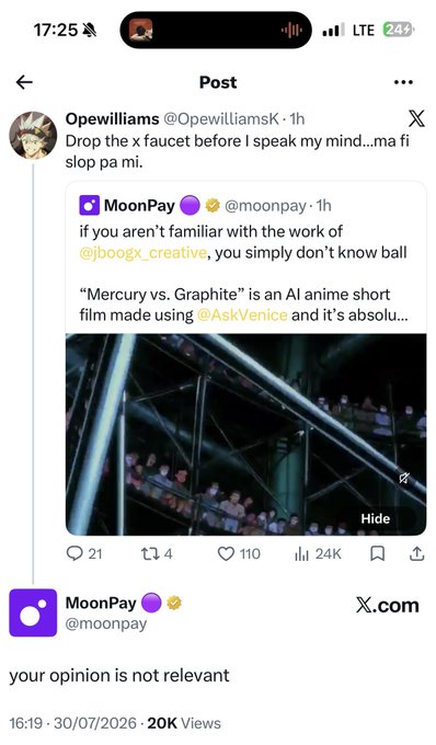 The image shows a screenshot of a Twitter/X post exchange where MoonPay's verified account dismissively responds to a user named @Opewilliamsk with "your opinion is not relevant," after the user called out MoonPay's unfamiliarity with AI anime artist @bjoegx_creative. The caption "who else thinks this intern is wale" humorously suggests a junior employee is behind MoonPay's snarky and seemingly uninformed reply about the "Mercury vs. Graphite" AI anime short.