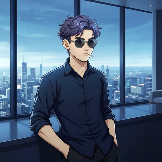 An anime-style illustration of a man with purple hair and sunglasses, smoking a cigarette, wearing a dark blue shirt, and standing by a large window overlooking a city skyline.