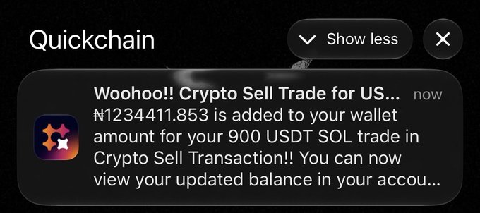A notification from Quickchain announces a successful crypto sell trade, confirming that 900 USDT (trade #1234411.853) has been added to the user's wallet following a SOL to USDT conversion, which aligns with the post about using Quickchain to swap USDT and withdraw funds over the weekend.