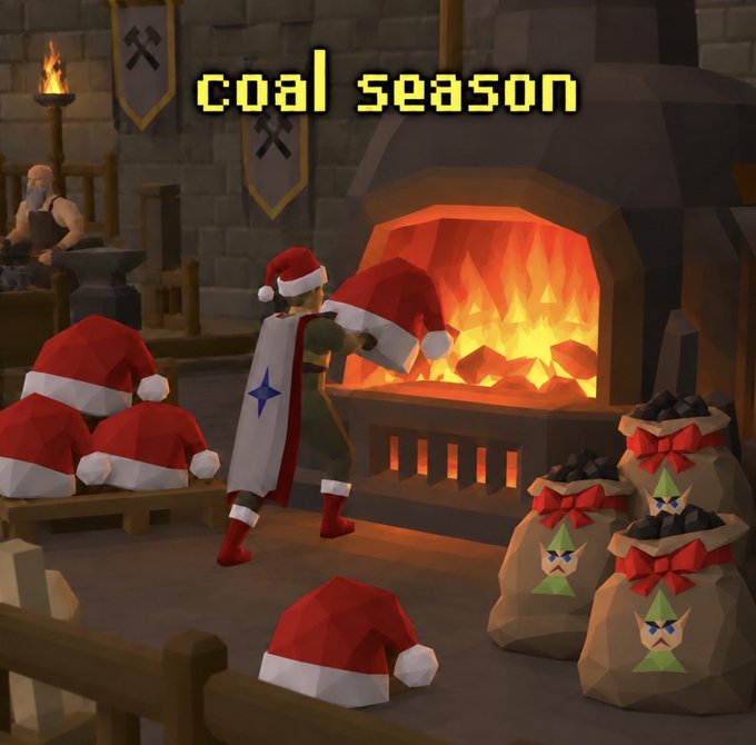 A low-poly 3D rendered scene with 'coal season' text at the top, depicting a blacksmith throwing Santa hats into a fiery furnace, surrounded by elves and bags of coal.