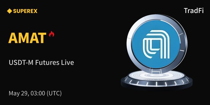 The image features a poster for an event called "AMAT" that is currently live on SuperEx USDT-M Futures. The poster displays a blue circle with a white logo, which represents the company's name. The text on the poster indicates that the event is taking place at the end of May 29th and will be held at the USDT-M Futures Live venue in San Diego, California. The poster also mentions that Applied Materials is one of the world's largest semiconductor equipment manufacturers, specializing in wafer fabrication, advanced packaging, display technologies, and materials engineering solutions.